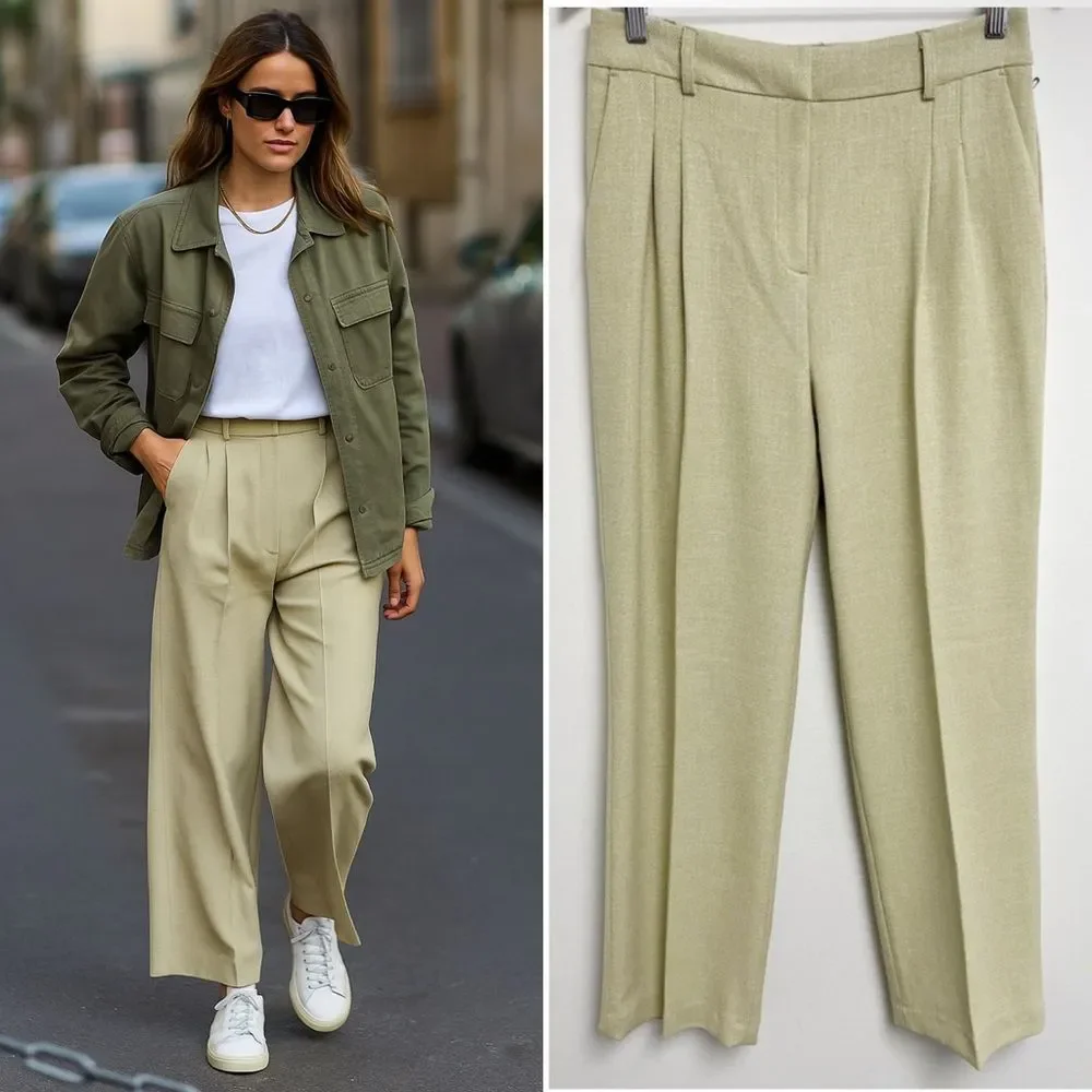 House of Harlow 1969 Textured Pleated Straight Leg Trouser Pants Sz 8 Sage Green